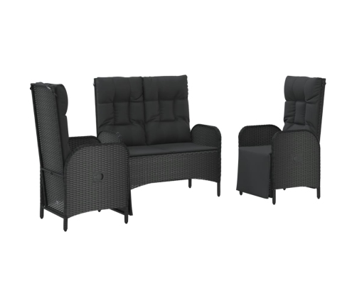 Set comedor de jardín 3 pzas con cojines ratán sintético negro