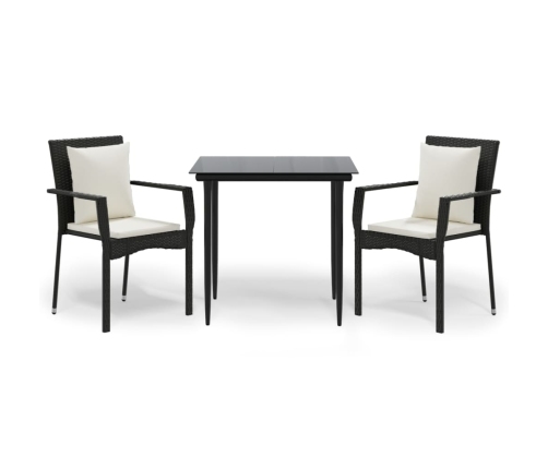 Set comedor de jardín 3 pzas con cojines ratán sintético negro
