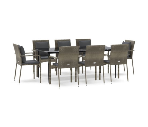 Set comedor jardín 9 pzas y cojines ratán sintético negro gris