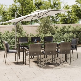 Set comedor jardín 9 pzas y cojines ratán sintético negro gris