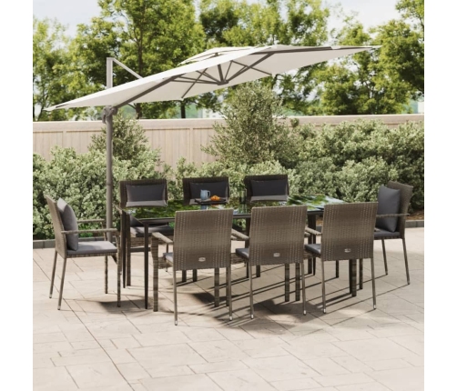 Set comedor jardín 9 pzas y cojines ratán sintético negro gris