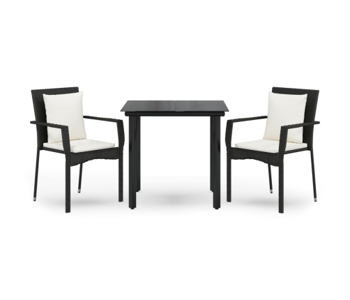 Set comedor de jardín 3 pzas con cojines ratán sintético negro