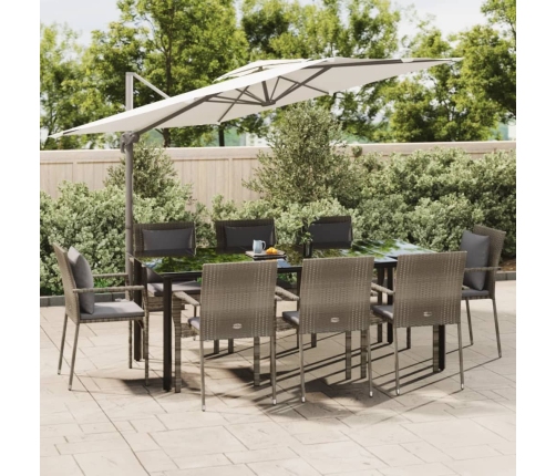 Set comedor jardín 9 pzas y cojines ratán sintético negro gris