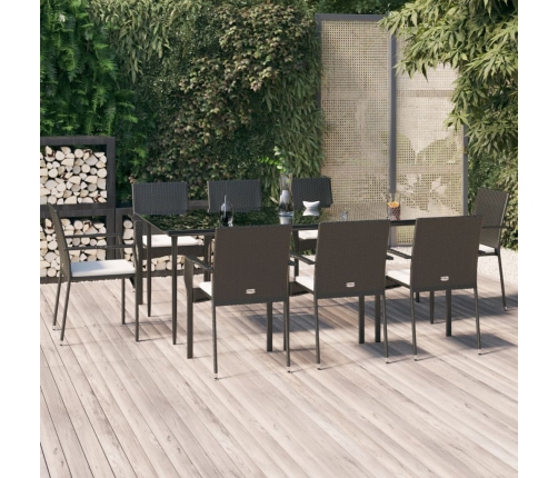 Set de comedor de jardín 9 pzas y cojines ratán sintético negro