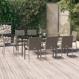 Set comedor jardín 9 pzas y cojines ratán sintético negro gris