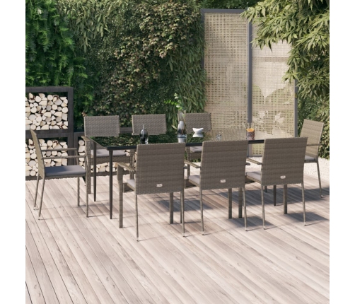 Set comedor jardín 9 pzas y cojines ratán sintético negro gris