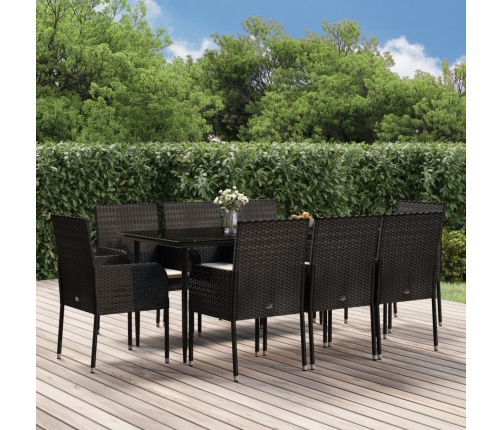 Set de comedor de jardín 9 pzas y cojines ratán sintético negro
