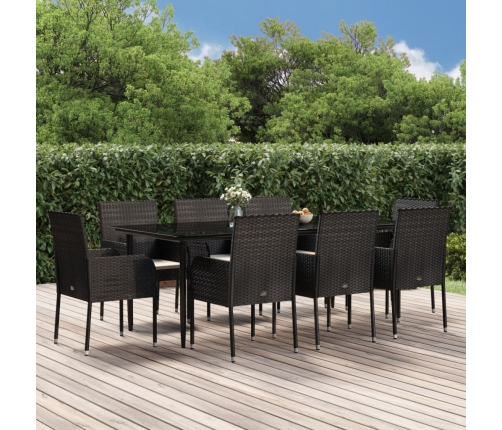 Set de comedor de jardín 9 pzas y cojines ratán sintético negro