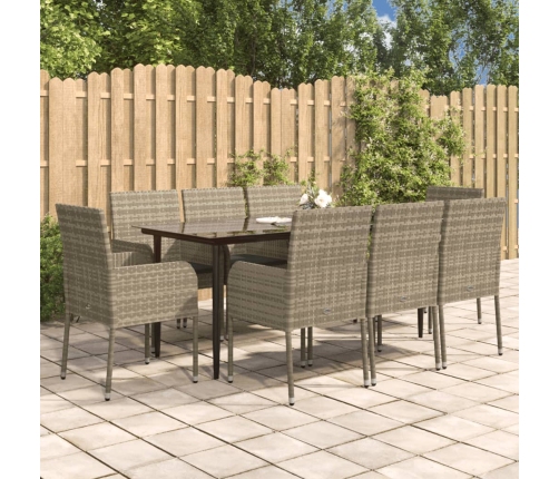 Set comedor jardín 9 pzas y cojines ratán sintético negro gris