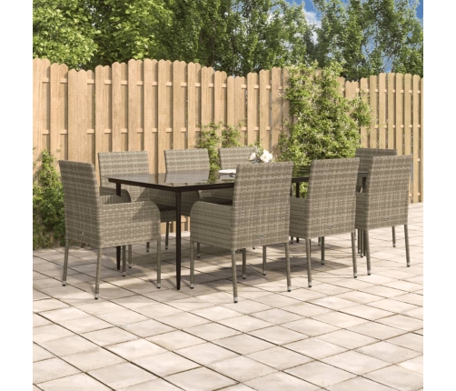 Set comedor jardín 9 pzas y cojines ratán sintético negro gris