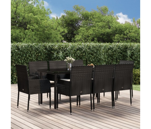 Set de comedor de jardín 9 pzas y cojines ratán sintético negro