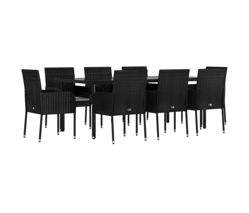 Set de comedor de jardín 9 pzas y cojines ratán sintético negro