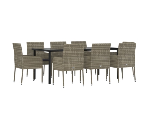Set comedor jardín 9 pzas y cojines ratán sintético negro gris