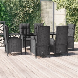 Set de comedor de jardín 7 pzas y cojines ratán sintético negro
