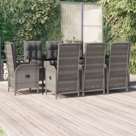 Set comedor jardín 9 pzas y cojines ratán sintético negro gris