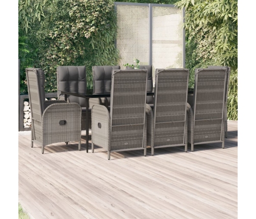 Set comedor jardín 9 pzas y cojines ratán sintético negro gris