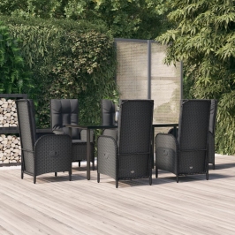 Set de comedor de jardín 7 pzas y cojines ratán sintético negro