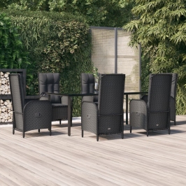 Set de comedor de jardín 7 pzas y cojines ratán sintético negro