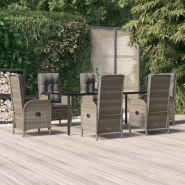 Set comedor jardín 7 pzas y cojines ratán sintético negro gris