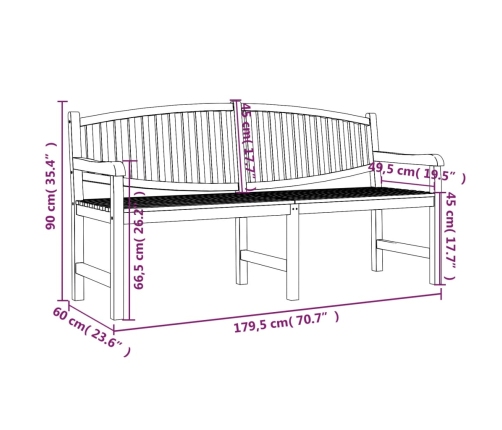 Banco de jardín madera maciza de teca 179,5x60x90 cm