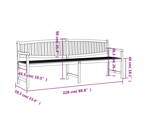 Banco de jardín madera maciza de teca 228x59,5x90 cm