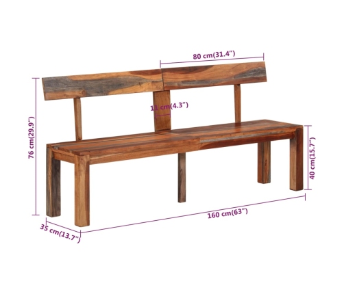 Banco con respaldo madera maciza de acacia gris 160 cm