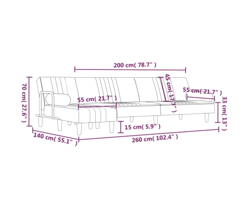 vidaXL Sofá cama en forma de L terciopelo gris claro 260x140x70 cm