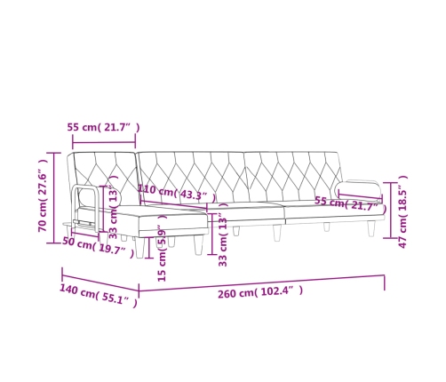 Sofá cama en forma de L tela negro 260x140x70 cm