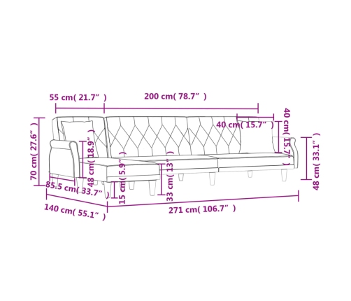 vidaXL Sofá cama en forma de L terciopelo verde oscuro 271x140x70 cm