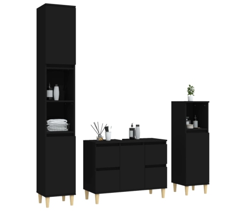 Juego de muebles de baño 3 pzas madera contrachapada negro