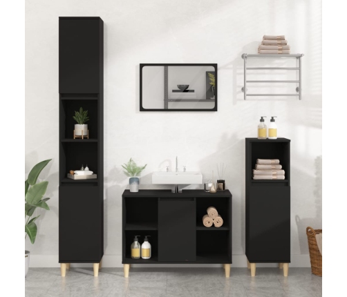 Juego de muebles de baño 3 pzas madera contrachapada negro