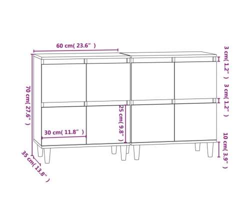 Aparadores 2 uds madera contrachapada blanco brillo 60x35x70 cm