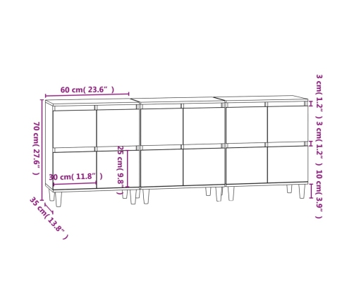 Aparadores 3 uds madera contrachapada roble Sonoma 60x35x70 cm