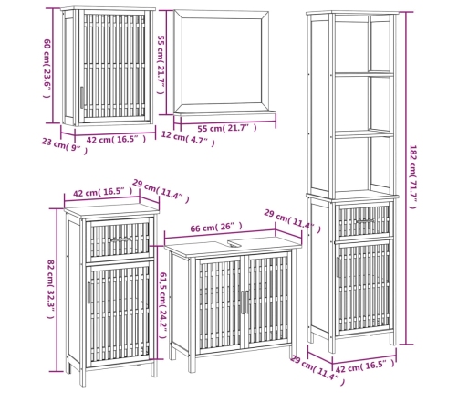 Conjunto de muebles de baño 5 piezas madera maciza de nogal