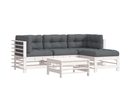 Juego de muebles jardín 5 piezas y cojines madera maciza blanco