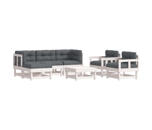 Juego de muebles jardín 7 piezas y cojines madera maciza blanco