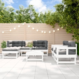 Juego de muebles jardín 7 piezas y cojines madera maciza blanco
