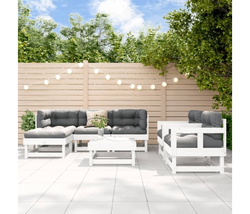 Juego de muebles jardín 7 piezas y cojines madera maciza blanco