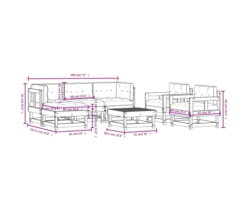 Juego de muebles jardín 7 pzas y cojines madera pino impregnada
