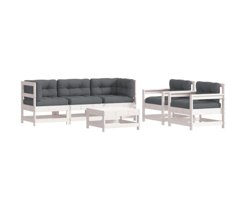 Juego de muebles jardín 6 piezas y cojines madera maciza blanco