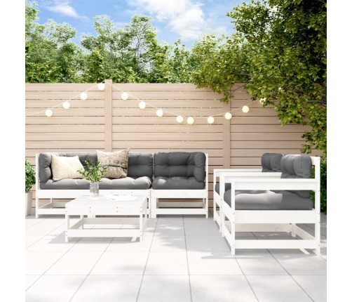 Juego de muebles jardín 6 piezas y cojines madera maciza blanco