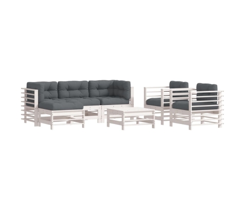 Juego de muebles jardín 7 piezas y cojines madera maciza blanco