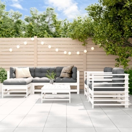 Juego de muebles jardín 7 piezas y cojines madera maciza blanco