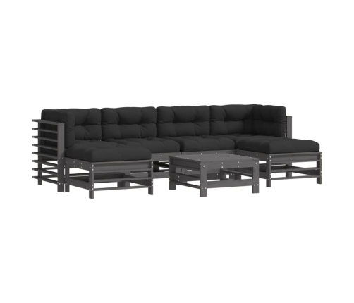 Juego de muebles de jardín 7 pzas y cojines madera maciza gris