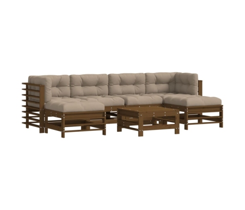 Juego muebles jardín 7 pzas y cojines madera maciza marrón miel