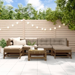Juego muebles jardín 7 pzas y cojines madera maciza marrón miel