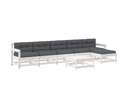 Juego de muebles jardín 7 piezas y cojines madera maciza blanco