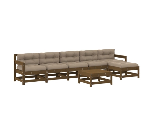 Juego muebles jardín 7 pzas y cojines madera maciza marrón miel