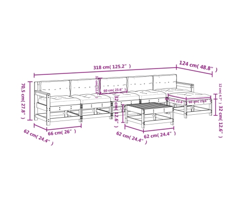 Juego muebles jardín 7 pzas y cojines madera maciza marrón miel