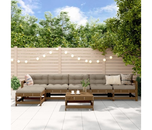 Juego muebles jardín 7 pzas y cojines madera maciza marrón miel